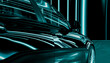 © Cavan Images - Black car reflecting teal neon lights in a futuristic tunnel