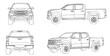 © Toon - Comprehensive line art blueprint of a modern off-road pickup truck design, featuring multiple detailed engineering views for automotive concept development and vehicle manufacturing planning