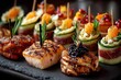 © Alexei - Elegant display of assorted gourmet appetizers including grilled salmon and seafood on a black slate platter, garnished with herbs and colorful toppings