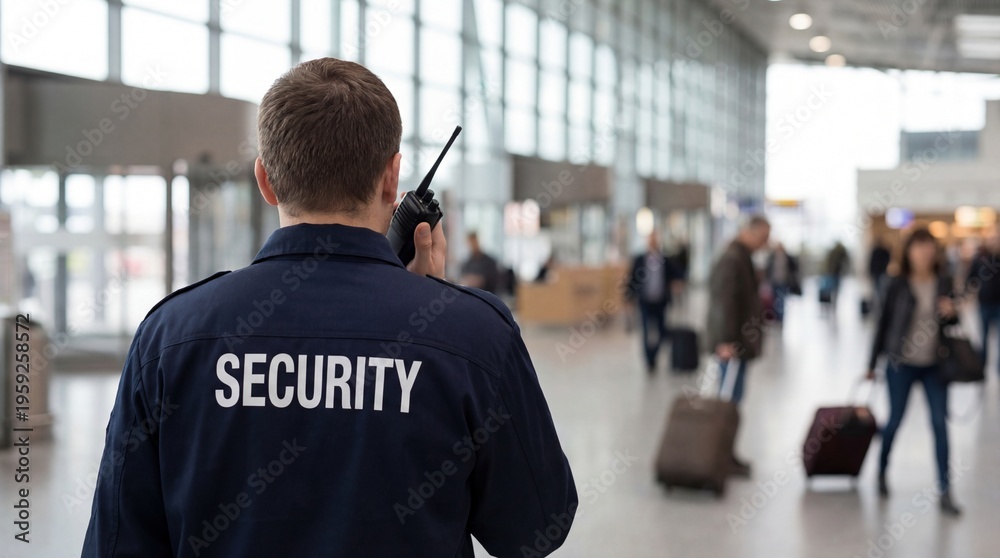 Security guard standing with radio in airport terminal building Stock ...