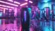 © Martinesku - Shaker bottle standing on a gym floor under vibrant neon light. Fitness hydration and supplement concept.