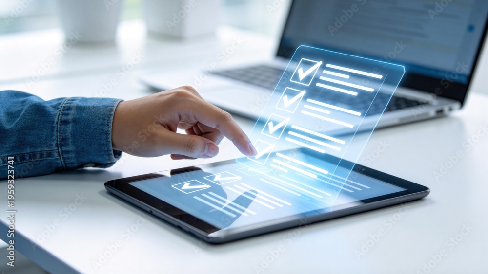Digital checklist interface on tablet screen,user completing online ...