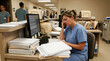 © logonv - Stressed woman nurse sitting at hospital desk with stack of document and computer. Overworked medical worker feeling tired at workplace. Healthcare professional burnout and pressure concept.