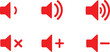 © Aliza - Set of red speaker volume icons representing sound levels from mute to loud ideal for user interface design and multimedia applications