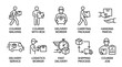 © Bogdan - A collection of clean, modern line icons illustrating various aspects of courier and delivery services, including walking, carrying boxes, trucks, and logistics processes.