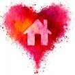 © MKS - Illustration in hand-painted watercolor of a tiny pink house with a red heart, love, and a romantic Valentine motif