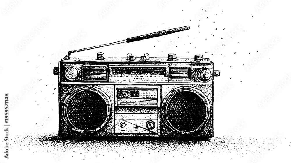 Retro boombox stereo black and white stippling illustration for vintage ...
