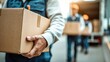 © koosy - Professional delivery workers in blue uniforms handling cardboard packages, Ideal for e-commerce logistics, shipping services, warehouse operations, and business marketing materials