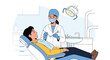 © Md - Professional female dentist in a face mask and white coat examining a young male patient lying in a dental chair.