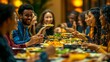 © misster - Diverse group of smiling people sharing a meal together at a table laden with various dishes