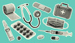 © Satoru Sketches - Medical Elements Collection in Vintage Halftone Style, Stethoscope, Syringe, Tablets, Retro Collage Illustration