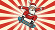 © ArtChi3v - Santa Claus Performing a Trick on a Skateboard with a Retro Sunburst Background