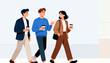© beerman - Three people stroll side by side, holding coffee cups. They walk with relaxed smiles, chatting casually. The scene suggests a friendly, urban moment. Ideal for content on teamwork, daily commutes