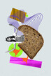 © deagreez - 3d photo collage trend sketch template artwork of young lady peek piece bitten bread nutrition cuisine cook chef calories dieting