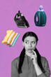 © deagreez - Vertical poster collage of puzzled girl do laundry day cleaning duty chores washing powder gel clothes iron housekeeping