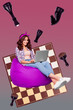 © deagreez - Creative image collage of young girl sit bean bag chair use netbook play chess on red color background