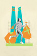 © deagreez - Poster image sketch vertical collage of happy girl guy stand air pollution factory emissions dioxide problem carry bag garbage