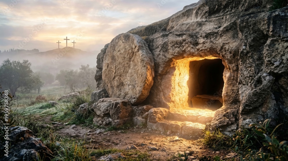 Empty tomb of Jesus Christ with glowing light inside a stone cave ...