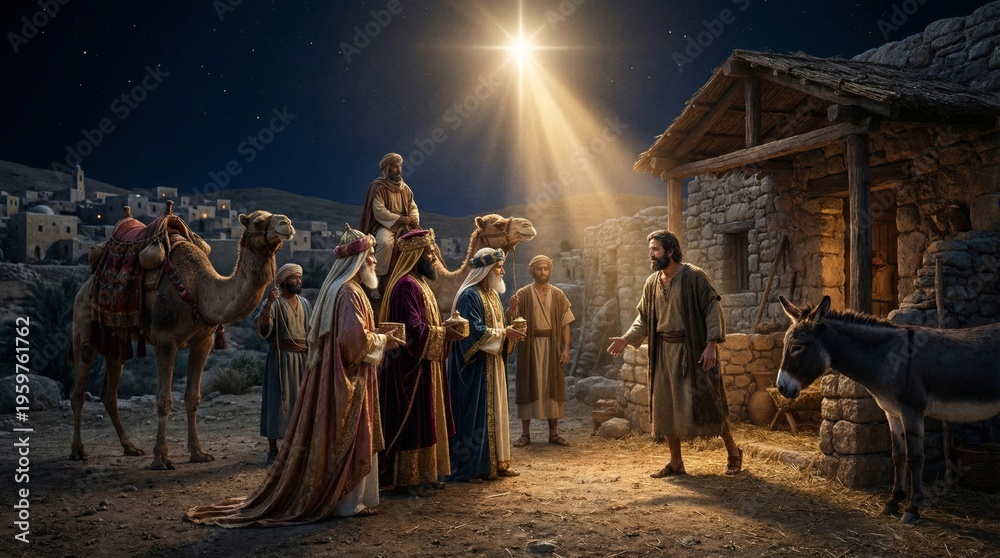 Three wise men visiting Jesus Christ at the manger. Nativity scene with ...