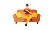 © hasan - A man sits on a couch reading a book with a relaxed posture and casual attire.