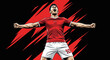 © YUDA - Dynamic illustration of a triumphant soccer player in a red jersey celebrating a victory with arms wide open against a striking black and red background.