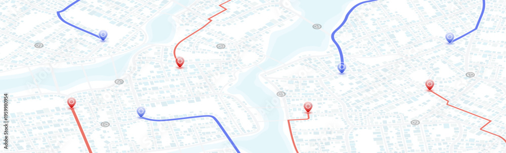 Urban map with blue and red routes across waterways. Vector ...