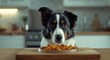 © AkuAku - Funny looking border collie dog gazing sadly at food in bright modern kitchen indoors