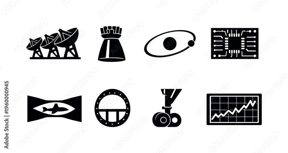 Aerospace engineering systems: satellite dish array, rocket engine ...