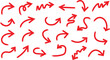 © farhanatisha - Collection of expressive hand-drawn Red arrows with rough brush strokes vector set. Grunge arrow brush drawn scroll illustration sign collection arrow checkbox, checklist, tick and cross signs