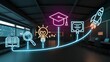© Areeba Waqas - Educational path and career development growth with neon icons for study, idea, graduation, and success representing learning to success journey
