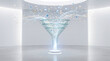 © MIKHAIL - Glass funnel collecting and refining digital data, fragmented particles, and information streams in a minimalist white space