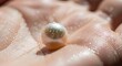 © Bumi - Single pearl with water droplets resting in human palm