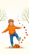 © Alika - Joyful Child Kicking Autumn Leaves in a Whimsical Outdoor Scene
