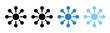 © Rina - Hub and spoke network diagram icon set, central node with connected spokes in line and solid styles, black and blue color variations symbolizing data flow, connectivity, and information exchange.