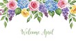 © Tewel - Floral welcome april banner with pastel roses and hydrangeas on white background