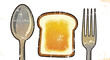 © Essential Design Lab - Vintage pop art style illustration of a spoon, a slice of toast with butter or jam, and a fork, retro comic book halftone texture design, kitchen utensils and breakfast food concept