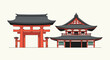 © Essential Design Lab - Traditional japanese architecture, red torii gate and temple building, illustration of ancient asian shrine, cultural landmark, oriental style design, flat vector graphic