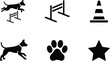 © fatimatz - A collection of various black silhouette icons depicting dog training, agility obstacles, and general canine symbols