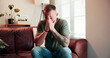 © peopleimages.com - Therapy, office and man with anxiety for session, ptsd and thinking of trauma on sofa or psychology. Counseling, appointment and person with depression, mental health and patient with bad memories