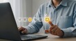 © Visi Hue - Person using a laptop and selecting the highest satisfaction emoji on a virtual feedback scale, indicating positive customer experience.