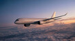 © Aryanto - White airplane commercial jet plane Airbus A350 flying during sunset with warm golden light reflecting on fuselage beautiful cinematic aviation photography for travel and tourism