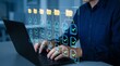 © Lianlian Liang - Professional typing on laptop with glowing virtual filing system hologram showing approved document workflows and automated data management infrastructure.