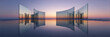 © Strother - Futuristic Glass Architecture Installation Reflecting Vibrant Sunset Colors on Still Water Surface. Minimalist Abstract Design for Modern Business & Creative Backgrounds.