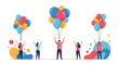 © RizqiArdi - Illustration of people celebrating International Day of Happiness with colorful balloons and icons on a white background, symbolizing joy and rights to goals.