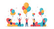 © RizqiArdi - Vector illustration of people celebrating International Day of Happiness with colorful balloons and icons on a white background, conveying a joyful mood for business and event promotions.