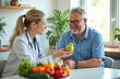 © miss irine - Doctor consults patient about healthy eating and weight loss. Nutritionist shows pear, vegetables for diet plan. Healthcare visit for wellness and mindful food choices in clinic.