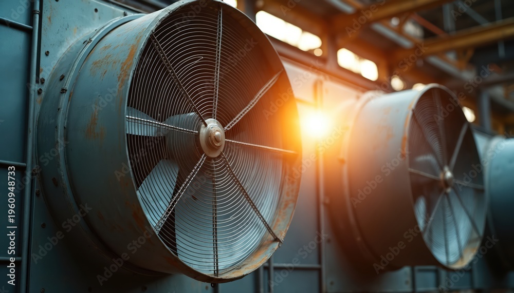 Stock-Foto „Big industrial fans installed on factory wall for ...