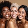© miss irine - Three diverse women with glowing skin smile brightly together. They look happy and healthy after facial treatments. Beauty, skincare, and friendship are evident in their radiant faces.