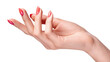 © Jn - Isolated elegant female hand with vibrant coral pink almond shape nails and perfect manicure.