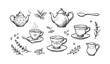 © Cali6ro - Charming vintage tea set sketch with teapots, teacups, and floral elements in black and white